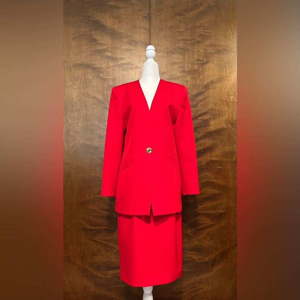 Vintage Oleg Cassini Fall Blazer & Pencil Skirt Suit Set Womens 8 Red Lined EUC